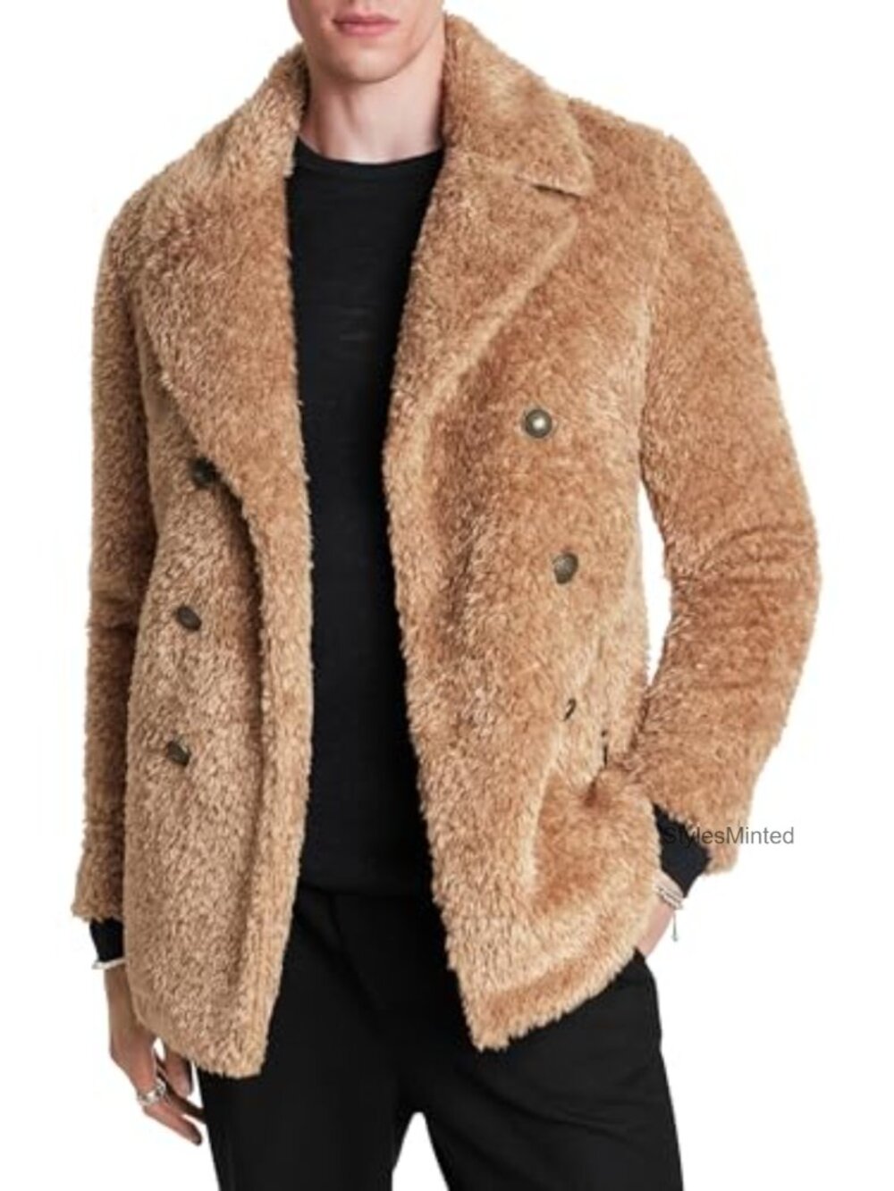 Men's Wool Blend Peacoat, Button Front Long Sleeve Winter Coat